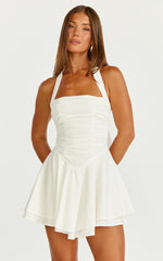 Anya Mini Dress - Halter Neck Gathered Top Drop Waist Fit And Flare Dress in White