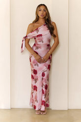Romantic Rose Satin One Shoulder Maxi Dress Pink
