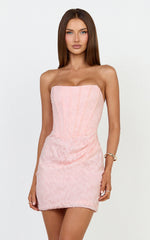 Rachel Mini Dress - Strapless Corset Bodice Draped Skirt Dress in Light Pink