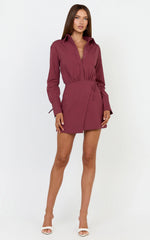 Heath Mini Dress - Collared Button Up Shirt Dress in Wine