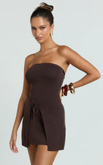 Chloe Mini Dress - Strapless Asymmetric Front Wrap Knit Dress in Chocolate
