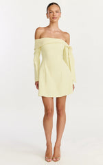 Eljay Mini Dress - Long Sleeve Off Shoulder Knot Detail Dress in Lemon