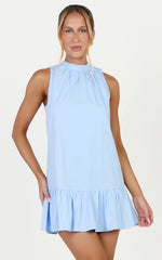 Jacqueline Mini Dress - Sleeveless Tie Detail Smock Dress in Pale Blue