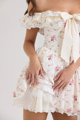 Stretch Cotton Floral Print Off Shoulder Corset Mini Dress