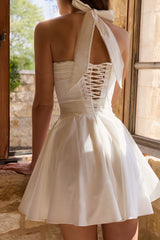 White Broderie Anglais + Cotton Halter Neck Mini Dress