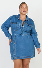 Ainsley Mini Dress - Button Through Long Sleeve Denim Dress in Mid Blue Wash