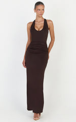 Sophie Maxi Dress - Plunge Neckline Ruched Waist Racer Back Dress in Chocolate