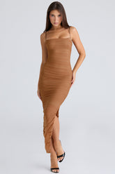 Tan Gathered Stretch Mesh Maxi Dress