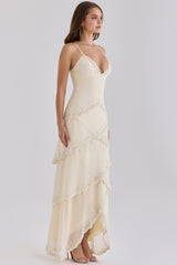 Vanilla Georgette Hand Embellished Tiered Maxi Dress - Limited Edition