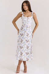 Off White Floral Print Cotton Midi Dress