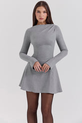 Grey A-line Long Sleeve Mini Dress