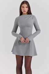 Grey A-line Long Sleeve Mini Dress