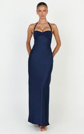 Flynn Maxi Dress - Satin Halter Sweetheart Neck Dress in Navy