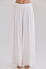White Sateen Pleated Wide Leg Trousers