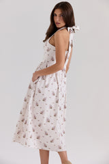 Cream Floral Print Stretch Cotton Halter Neck Midi Dress