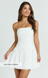 Donatella Mini Dress - Strapless Drop Waist Dress in White