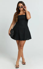 Adiana Mini Dress - Linen Square Neck Shirred Back A Line Dress in Black