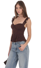 Lace Ruffle Strap Top in Brown