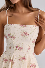 Ivory Vintage Rose Print Cotton Flared Mini Sundress