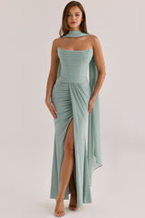 Jade Crepe Strapless Maxi Dress With Detachable Georgette Cape