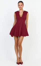 Nelson Mini Dress - Low Cut Boucle Fit & Flare Mini Dress in Wine
