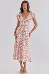 Vintage Floral Print Pink Satin V-neck Midi Tea Dress