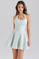 Pistachio Stretch Cotton Halter Neck Mini Dress