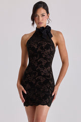 Black Lace High Neck Mini Dress With Detachable Bow