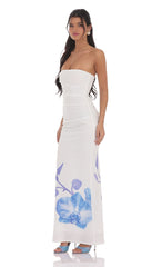 Strapless Floral Print Maxi Dress in White