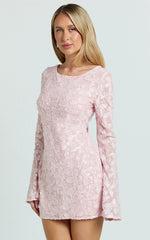 Terri Mini Dress - Long Sleeve Cowl Back Neck Dress in Pale Pink