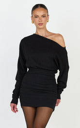 Alyce Mini Dress - Long Sleeve One Shoulder Dress in Black