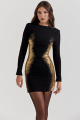 Black & Gold Foil Print Mini Dress