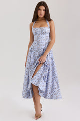 Blue Floral Print Stretch Cotton Halter Neck Midi Dress