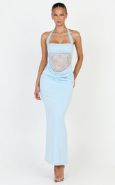 Sienne Maxi Dress - Lace Bodice Draped Cowl Waist Dress in Light Blue