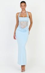 Sienne Maxi Dress - Lace Bodice Draped Cowl Waist Dress in Light Blue