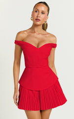 Izara Mini Dress - Off Shoulder Pleated Dress in Red