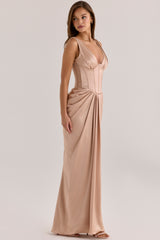 Champagne Satin Corset Maxi Dress