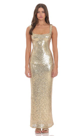 Sequin Square Neck Fitted Maxi Dress in Gold