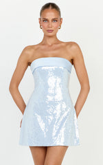 Orae Mini Dress - Strapless Sequin Dress With Contrast Satin Bust Overlay in Blue