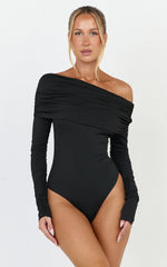 Hallie Bodysuit - One Shoulder Draped Long Sleeve Bodysuit in Black
