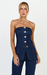 Phoebe Top - Strapless Button Down Stretch Denim Top in Dark Blue Wash