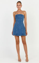 Marigold Mini Dress - Denim Strapless Diamante Mini Dress in Mid Blue Wash