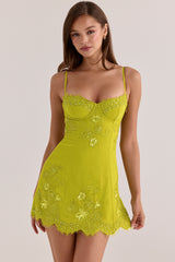 Chartreuse Custom Hand Beaded Embellished Mini Dress - Limited Edition