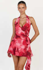 Maila Mini Dress - Wrap Tie Front Halter Neck Dress in Maila Red Floral Print
