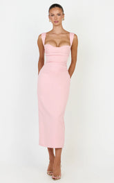 Kenna Midi Dress - Gathered Bust Tucked Waist Dress in Pink