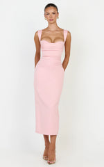 Kenna Midi Dress - Gathered Bust Tucked Waist Dress in Pink