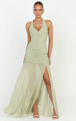 Kori Maxi Dress - Ruched Halterneck Mesh Dress With Racer Back in Sage