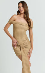 Svetlana Mini Dress - Textured Jersey Off Shoulder Draped Dress in Beige