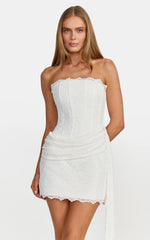 Summer Mini Dress - Lace Corset Bodice Mini Dress With Lace Up Back And Hip Drape Detail in White