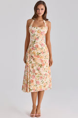 Warm Rose Print Halter Neck Cotton Midi Dress